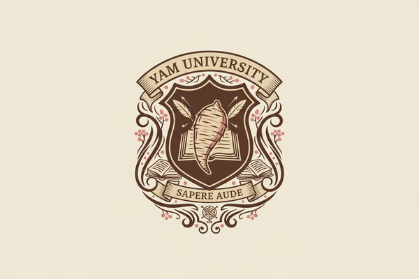 Create an elegant collegiate logo for yam university using pink brown and beige